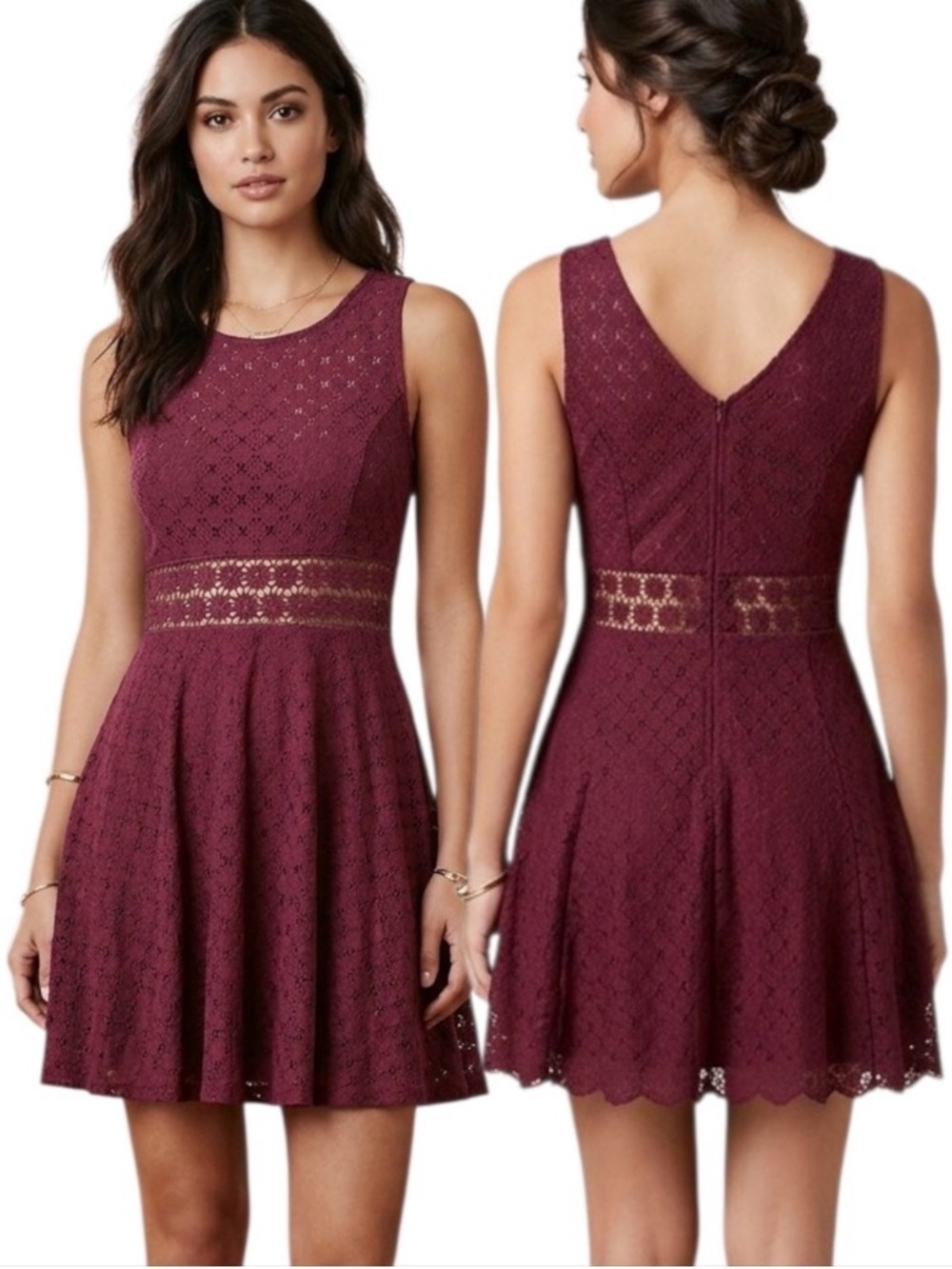 Free People Dark Red Floral Daisy Waist Lace Fit and Flare Mini Dress Women's 4